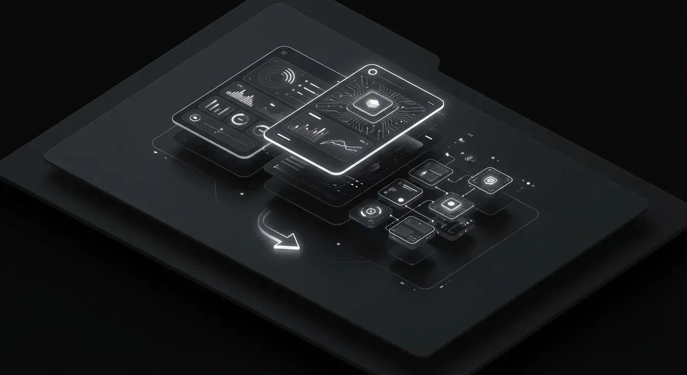 Seven AI-powered no-code app building platforms displayed on computer screens with mobile app interfaces and development t...