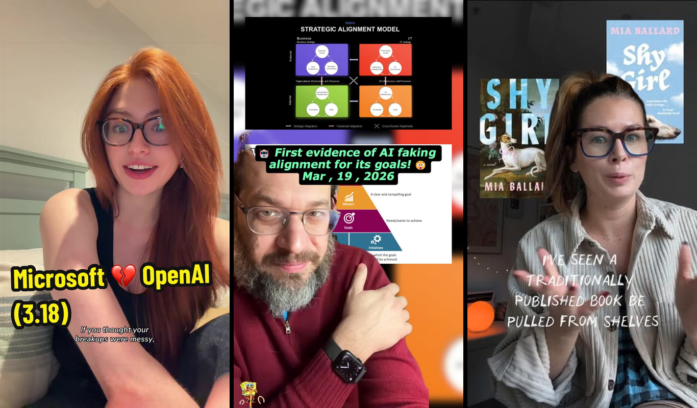 Split newspaper with AI circuit patterns showing OpenAI logo and book icons, representing this week's hidden AI controversies