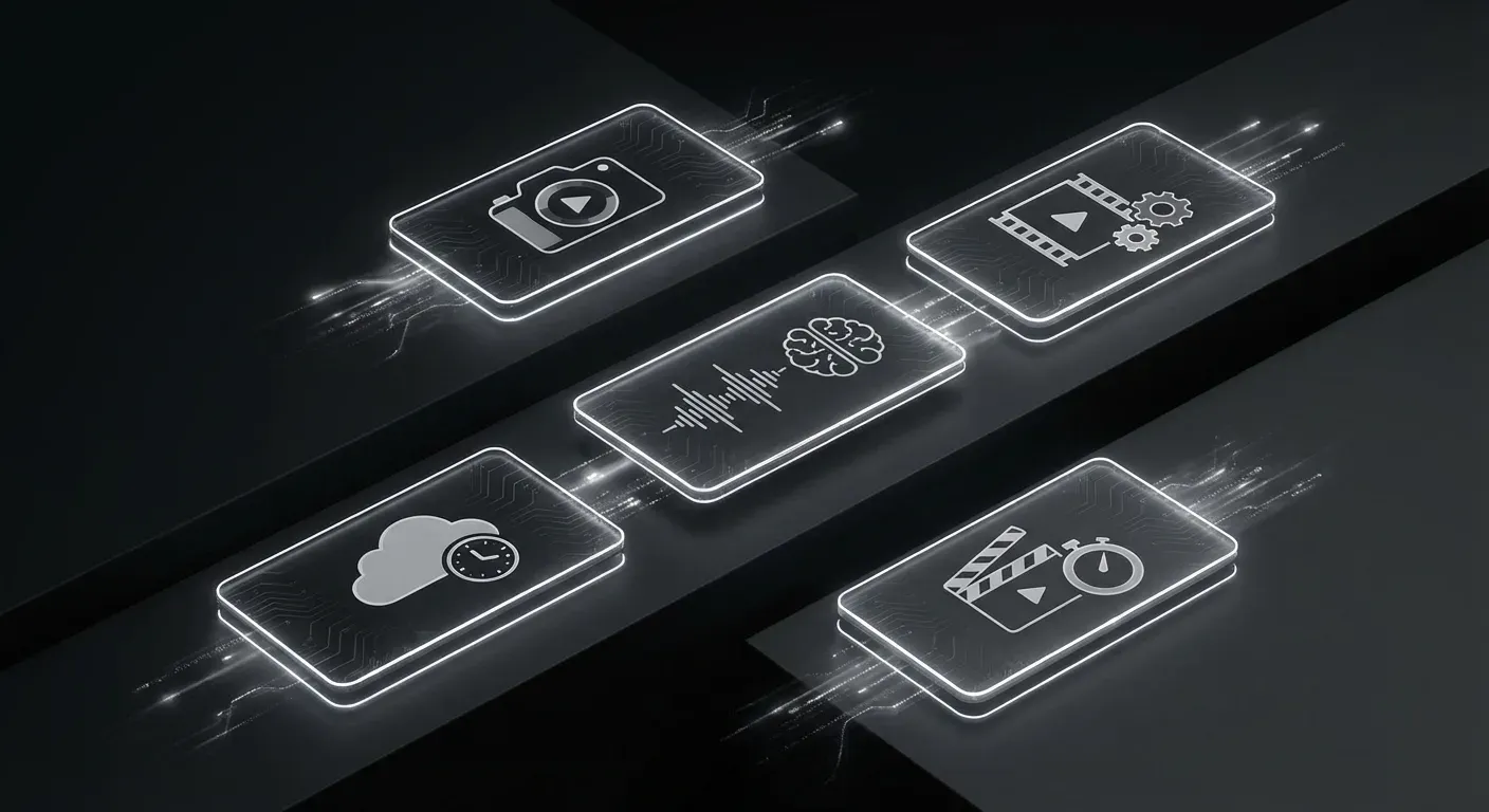 Professional filmmaker using AI video tools on laptop with cinematic lighting effects and film equipment in background